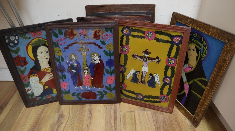 Continental School, eight reverse painted glass panels, Religious scenes, 38 x 29cm approx.